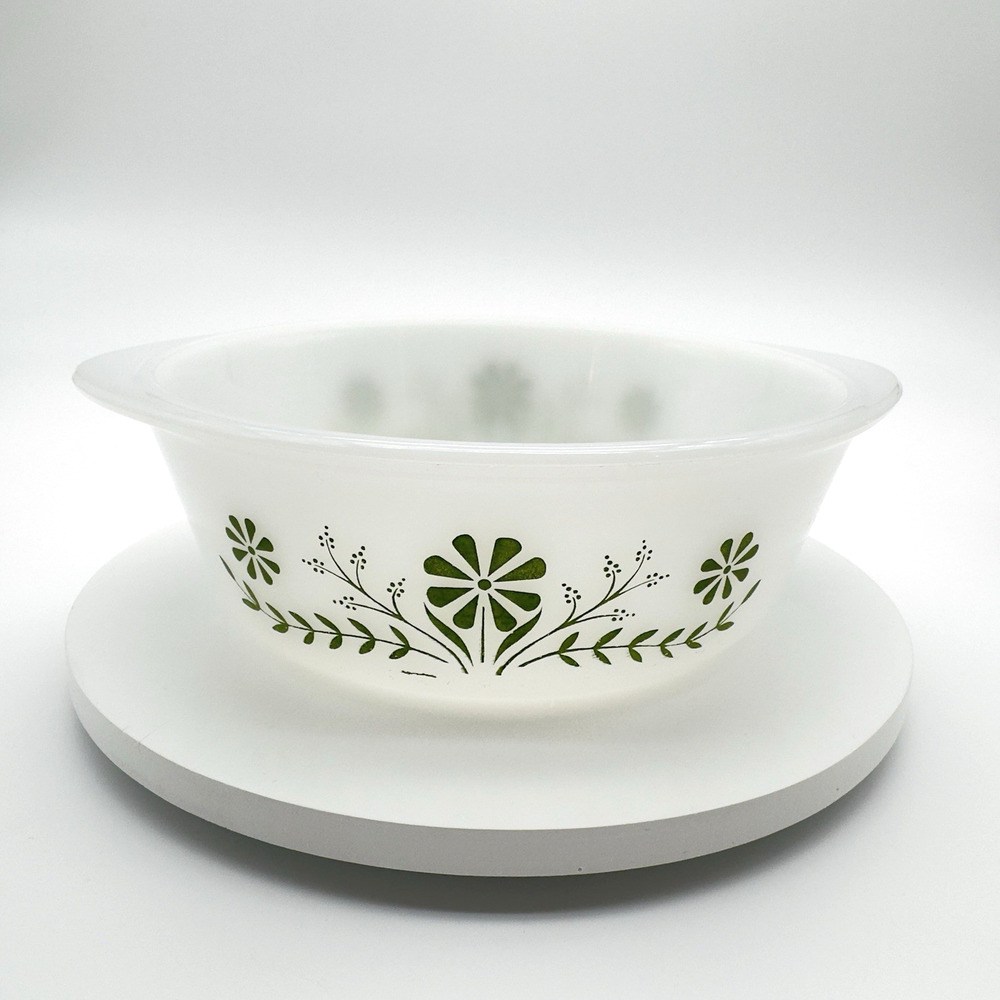 Glasbake Casserole Serving Dish Green Daisy Milk Glass No Lid Vintage 1.5 qt